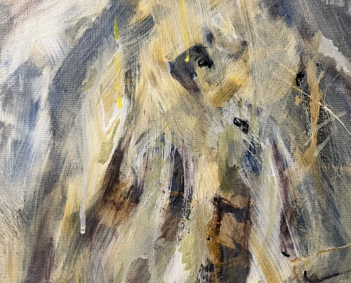 Leszy painting by HOHLIK - expressionist acrylic artwork depicting the Slavic forest spirit Leshy in layered greens, browns and earth tones with bark-like textures