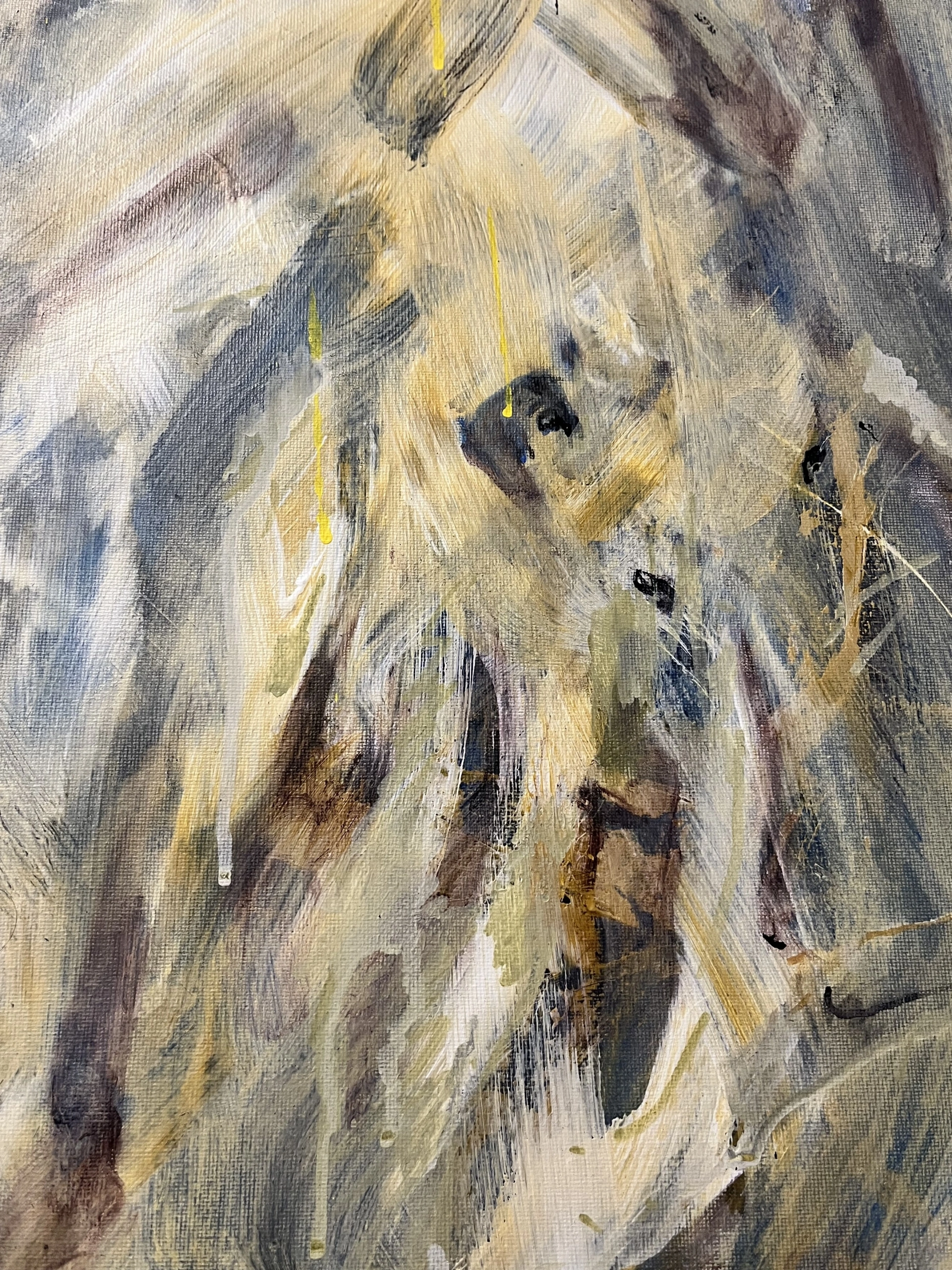 Leszy Leszy painting by HOHLIK - expressionist acrylic artwork depicting the Slavic forest spirit Leshy in layered greens, browns and earth tones with bark-like textures