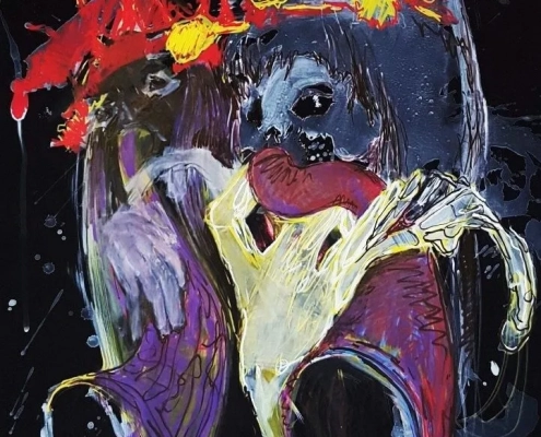 Zmora sleep paralysis demon painting by HOHLIK - expressionist acrylic artwork depicting the Slavic nightmare spirit with oppressive dark layers suggesting suffocation and paralysis