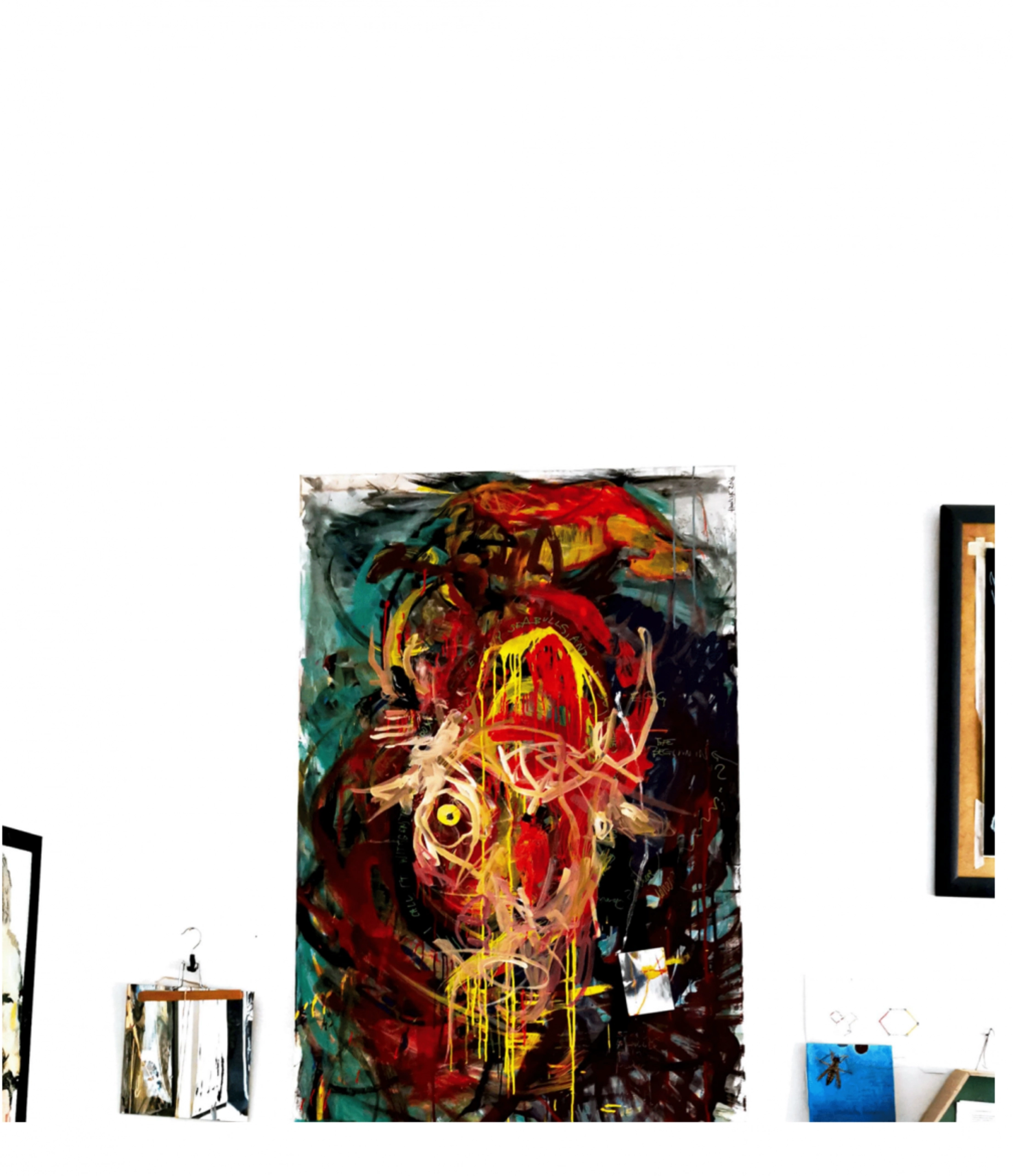 background image showing a snapshot from artist workshop, presenting a painting with the bull in the middle, and some other symbolism details the artist commonly use like bees and mirrors.