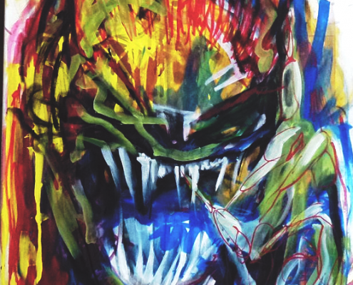 Strzyga painting by HOHLIK - expressionist artwork depicting the Polish vampire demon with owl-like features, gray skin, and two souls trapped between life and death