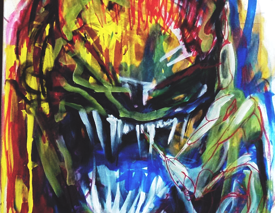 Strzyga painting by HOHLIK - expressionist artwork depicting the Polish vampire demon with owl-like features, gray skin, and two souls trapped between life and death