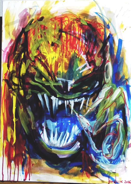 STRZYGA-slavic-vampire-hohlik-art-slavic-mythology Strzyga painting by HOHLIK - expressionist artwork depicting the Polish vampire demon with owl-like features, gray skin, and two souls trapped between life and death