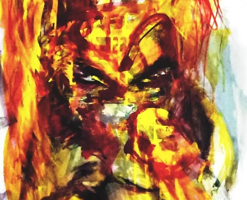 Poludnica painting by HOHLIK - expressionist acrylic artwork depicting the Slavic noon demon Lady Midday in intense yellow, orange and red tones