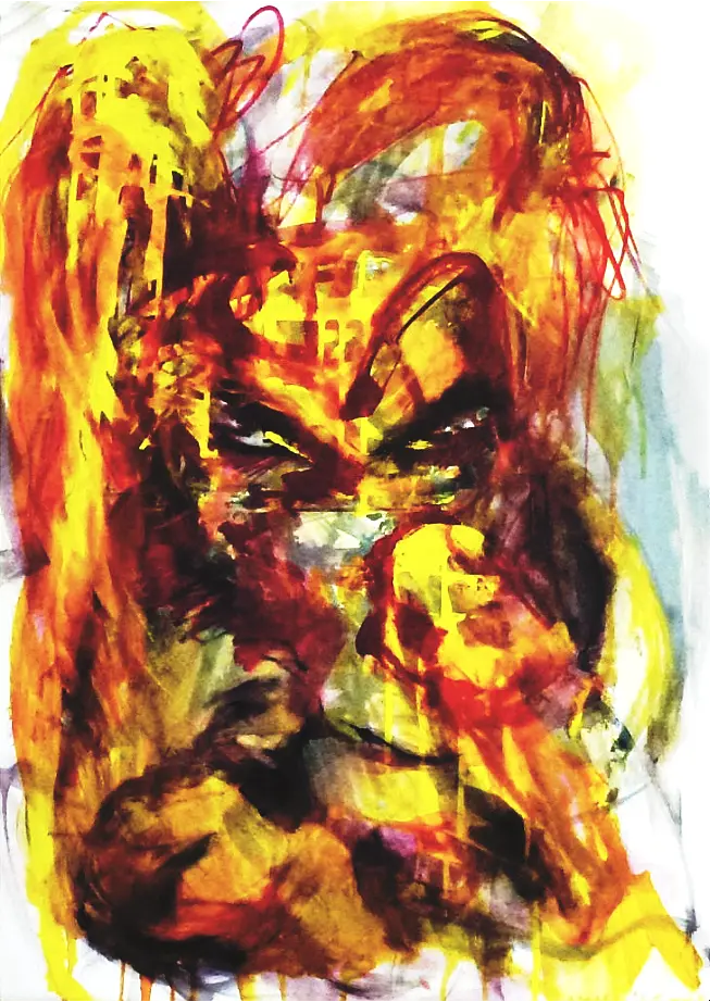 Poludnica - Lady Midday Poludnica painting by HOHLIK - expressionist acrylic artwork depicting the Slavic noon demon Lady Midday in intense yellow, orange and red tones